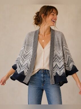 Moth Anthropologie Wool Blend Chevron Open Cardigan Gray Navy Medium L